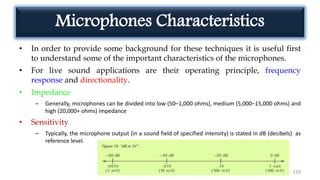 Microphones Characteristics
• In order to provide some background for these techniques it is useful first
to understand some of the important characteristics of the microphones.
• For live sound applications are their operating principle, frequency
response and directionality.
• Impedance
– Generally, microphones can be divided into low (50–1,000 ohms), medium (5,000–15,000 ohms) and
high (20,000+ ohms) impedance
• Sensitivity
– Typically, the microphone output (in a sound field of specified intensity) is stated in dB (decibels) as
reference level.
120
 