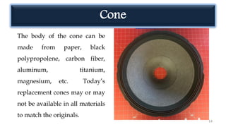 Cone
14
The body of the cone can be
made from paper, black
polypropolene, carbon fiber,
aluminum, titanium,
magnesium, etc. Today’s
replacement cones may or may
not be available in all materials
to match the originals.
 