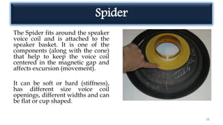 Spider
The Spider fits around the speaker
voice coil and is attached to the
speaker basket. It is one of the
components (along with the cone)
that help to keep the voice coil
centered in the magnetic gap and
affects excursion (movement).
It can be soft or hard (stiffness),
has different size voice coil
openings, different widths and can
be flat or cup shaped.
16
 