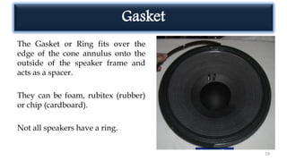 Gasket
The Gasket or Ring fits over the
edge of the cone annulus onto the
outside of the speaker frame and
acts as a spacer.
They can be foam, rubitex (rubber)
or chip (cardboard).
Not all speakers have a ring.
19
 