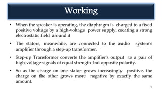 Working
• When the speaker is operating, the diaphragm is charged to a fixed
positive voltage by a high-voltage power supply, creating a strong
electrostatic field around it
• The stators, meanwhile, are connected to the audio system's
amplifier through a step-up transformer.
• Step-up Transformer converts the amplifier's output to a pair of
high-voltage signals of equal strength but opposite polarity.
• So as the charge on one stator grows increasingly positive, the
charge on the other grows more negative by exactly the same
amount.
71
 