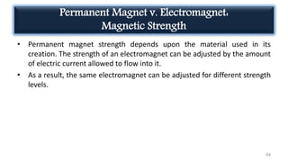Permanent Magnet v. Electromagnet:
Magnetic Strength
• Permanent magnet strength depends upon the material used in its
creation. The strength of an electromagnet can be adjusted by the amount
of electric current allowed to flow into it.
• As a result, the same electromagnet can be adjusted for different strength
levels.
94
 