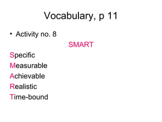 Vocabulary, p 11
• Activity no. 8
SMART
Specific
Measurable
Achievable
Realistic
Time-bound
 