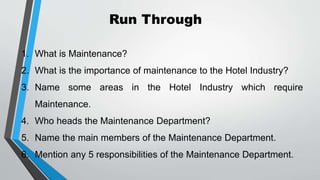 Maintenance Department of Hotels