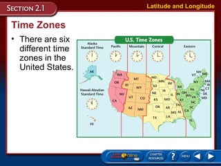 Time Zones
• There are six
different time
zones in the
United States.
Latitude and Longitude
 