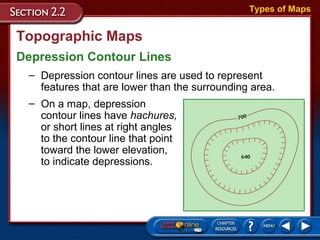 Topographic Maps
Depression Contour Lines
Types of Maps
– Depression contour lines are used to represent
features that are lower than the surrounding area.
– On a map, depression
contour lines have hachures,
or short lines at right angles
to the contour line that point
toward the lower elevation,
to indicate depressions.
 
