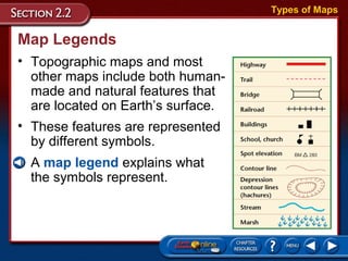 • These features are represented
by different symbols.
• A map legend explains what
the symbols represent.
Map Legends
• Topographic maps and most
other maps include both human-
made and natural features that
are located on Earth’s surface.
Types of Maps
 