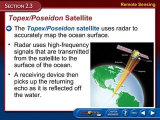 Topex/Poseidon Satellite
• The Topex/Poseidon satellite uses radar to
accurately map the ocean surface.
Remote Sensing
• Radar uses high-frequency
signals that are transmitted
from the satellite to the
surface of the ocean.
• A receiving device then
picks up the returning
echo as it is reflected off
the water.
 