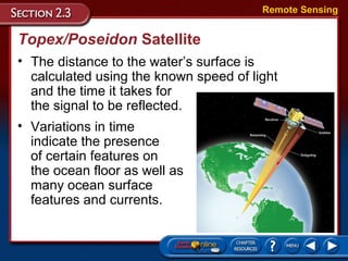 Topex/Poseidon Satellite
• The distance to the water’s surface is
calculated using the known speed of light
and the time it takes for
the signal to be reflected.
Remote Sensing
• Variations in time
indicate the presence
of certain features on
the ocean floor as well as
many ocean surface
features and currents.
 