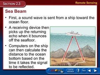 Sea Beam
• First, a sound wave is sent from a ship toward the
ocean floor.
Remote Sensing
• A receiving device then
picks up the returning
echo when it bounces
off the seafloor.
• Computers on the ship
can then calculate the
distance to the ocean
bottom based on the
time it takes the signal
to be reflected.
 