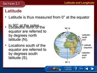 Latitude
• Latitude is thus measured from 0° at the equator
to 90° at the poles.
Latitude and Longitude
• Locations north of the
equator are referred to
by degrees north
latitude (N).
• Locations south of the
equator are referred to
by degrees south
latitude (S).
 