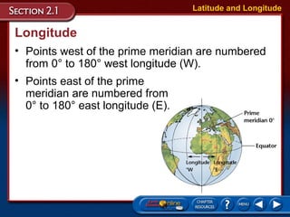 Longitude
• Points west of the prime meridian are numbered
from 0° to 180° west longitude (W).
Latitude and Longitude
• Points east of the prime
meridian are numbered from
0° to 180° east longitude (E).
 