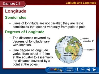 Longitude
Semicircles
Latitude and Longitude
– Lines of longitude are not parallel; they are large
semicircles that extend vertically from pole to pole.
– The distances covered by
degrees of longitude vary
with location.
– One degree of longitude
varies from about 111 km
at the equator to essentially
the distance covered by a
point at the poles.
Degrees of Longitude
 
