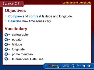 Objectives
• Compare and contrast latitude and longitude.
Latitude and Longitude
• Describe how time zones vary.
– cartography
– equator
– latitude
– longitude
– prime meridian
– International Date Line
Vocabulary
 