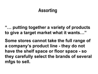 “…  putting together a variety of products to give a target market what it wants…” Some stores cannot take the full range of a company’s product line - they do not have the shelf space or floor space - so they carefully select the brands of several mfgs to sell.  Assorting 