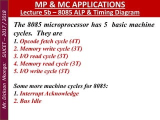 The 8085 microprocessor has 5 basic machine
cycles. They are
1. Opcode fetch cycle (4T)
2. Memory write cycle (3T)
3. I/O read cycle (3T)
4. Memory read cycle (3T)
5. I/O write cycle (3T)
Some more machine cycles for 8085:
1. Interrupt Acknowledge
2. Bus Idle
MP & MC APPLICATIONS
Lecture 5b – 8085 ALP & Timing Diagram
Mr.DicksonNkongo:SJUCET--2017/2018
 