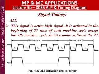 Signal Timings
ALE
 This signal is active high signal. It is activated in the
beginning of T1 state of each machine cycle except
bus idle machine cycle and it remains active in the T1
state
DICKSON NKONGO, MSc. : ECE Department.
MP & MC APPLICATIONS
Lecture 5b – 8085 ALP & Timing Diagram
Mr.DicksonNkongo:SJUCET--2017/2018
 