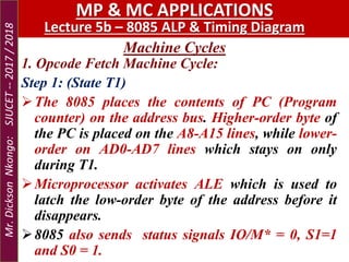 Machine Cycles
MP & MC APPLICATIONS
Lecture 5b – 8085 ALP & Timing Diagram
1. Opcode Fetch Machine Cycle:
Step 1: (State T1)
The 8085 places the contents of PC (Program
counter) on the address bus. Higher-order byte of
the PC is placed on the A8-A15 lines, while lower-
order on AD0-AD7 lines which stays on only
during T1.
Microprocessor activates ALE which is used to
latch the low-order byte of the address before it
disappears.
8085 also sends status signals IO/M* = 0, S1=1
and S0 = 1.
Mr.DicksonNkongo:SJUCET--2017/2018
 
