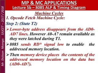 Machine Cycles
MP & MC APPLICATIONS
Lecture 5b – 8085 ALP & Timing Diagram
1. Opcode Fetch Machine Cycle:
Step 2: (State T2)
Lower-byte address disappears from the AD0-
AD7 lines. However A0-A7 remain available as
they were latched during T1.
8085 sends RD* signal low to enable the
addressed memory location.
Then memory device places the contents of the
addressed memory location on the data bus
(AD0-AD7).
Mr.DicksonNkongo:SJUCET--2017/2018
 