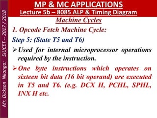 Machine Cycles
MP & MC APPLICATIONS
Lecture 5b – 8085 ALP & Timing Diagram
1. Opcode Fetch Machine Cycle:
Step 5: (State T5 and T6)
Used for internal microprocessor operations
required by the instruction.
One byte instructions which operates on
sixteen bit data (16 bit operand) are executed
in T5 and T6. (e.g. DCX H, PCHL, SPHL,
INX H etc.
Mr.DicksonNkongo:SJUCET--2017/2018
 