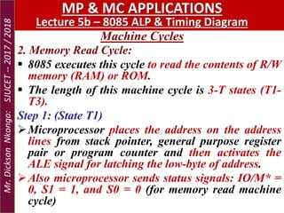 Machine Cycles
MP & MC APPLICATIONS
Lecture 5b – 8085 ALP & Timing Diagram
2. Memory Read Cycle:
 8085 executes this cycle to read the contents of R/W
memory (RAM) or ROM.
 The length of this machine cycle is 3-T states (T1-
T3).
Step 1: (State T1)
Microprocessor places the address on the address
lines from stack pointer, general purpose register
pair or program counter and then activates the
ALE signal for latching the low-byte of address.
Also microprocessor sends status signals: IO/M* =
0, S1 = 1, and S0 = 0 (for memory read machine
cycle)
Mr.DicksonNkongo:SJUCET--2017/2018
 