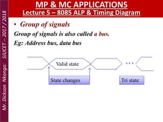 • Group of signals
Group of signals is also called a bus.
Eg: Address bus, data bus
State changes
Valid state
Tri state
MP & MC APPLICATIONS
Lecture 5 – 8085 ALP & Timing Diagram
Mr.DicksonNkongo:SJUCET--2017/2018
 
