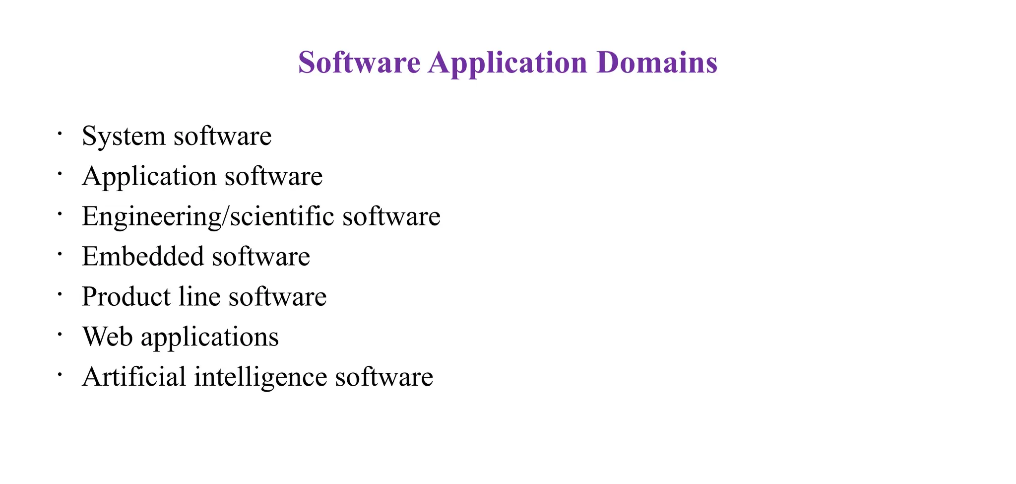 Software Application Domains
• System software
• Application software
• Engineering/scientific software
• Embedded software
• Product line software
• Web applications
• Artificial intelligence software
 