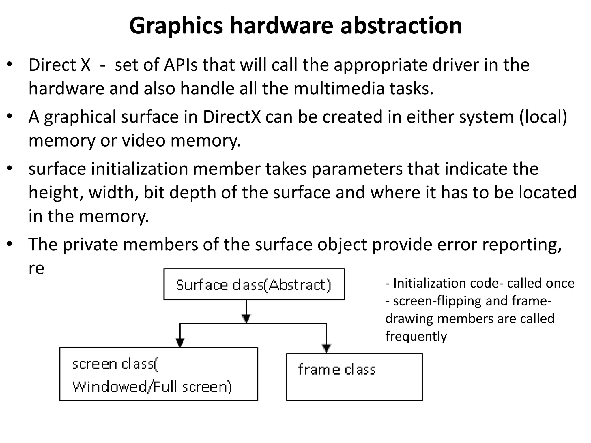 Graphics hardware abstraction
• Direct X - set of APIs that will call the appropriate driver in the
hardware and also handle all the multimedia tasks.
• A graphical surface in DirectX can be created in either system (local)
memory or video memory.
• surface initialization member takes parameters that indicate the
height, width, bit depth of the surface and where it has to be located
in the memory.
• The private members of the surface object provide error reporting,
restore and release methods.
- Initialization code- called once
- screen-flipping and frame-
drawing members are called
frequently
 