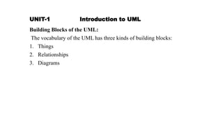 UNIT-1 Introduction to UML
Building Blocks of the UML:
The vocabulary of the UML has three kinds of building blocks:
1. Things
2. Relationships
3. Diagrams
 
