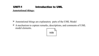 UNIT-1 Introduction to UML
Annotational things:
 Annotational things are explanatory parts of the UML Model
 A mechanism to capture remarks, descriptions, and comments of UML
model elements.
 