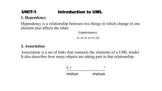 UNIT-1 Introduction to UML
1. Dependency
Dependency is a relationship between two things in which change in one
element also affects the other.
2. Association
Association is a set of links that connects the elements of a UML model.
It also describes how many objects are taking part in that relationship.
 