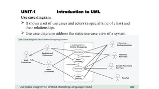 UNIT-1 Introduction to UML
Use case diagram
 It shows a set of use cases and actors (a special kind of class) and
their relationships.
 Use case diagrams address the static use case view of a system.
 
