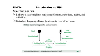 UNIT-1 Introduction to UML
Statechart diagram
 It shows a state machine, consisting of states, transitions, events, and
activities.
 Statechart diagrams address the dynamic view of a system.
 