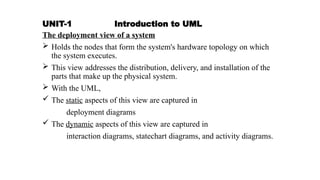 UNIT-1 Introduction to UML
The deployment view of a system
 Holds the nodes that form the system's hardware topology on which
the system executes.
 This view addresses the distribution, delivery, and installation of the
parts that make up the physical system.
 With the UML,
 The static aspects of this view are captured in
deployment diagrams
 The dynamic aspects of this view are captured in
interaction diagrams, statechart diagrams, and activity diagrams.
 
