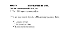 UNIT-1 Introduction to UML
Software Development Life Cycle
 The UML is process-independent.
 To get most benefit from the UML, consider a process that is
 Use case driven
 Architecture-centric
 Iterative and incremental
 