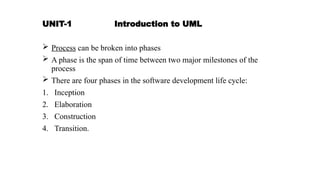UNIT-1 Introduction to UML
 Process can be broken into phases
 A phase is the span of time between two major milestones of the
process
 There are four phases in the software development life cycle:
1. Inception
2. Elaboration
3. Construction
4. Transition.
 