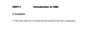 UNIT-1 Introduction to UML
4. Transition
 Here the software is turned into the hands of the user community.
 
