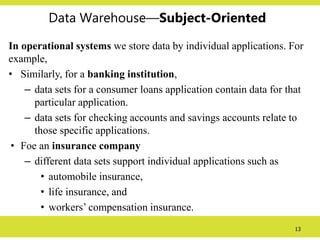 13
Data Warehouse—Subject-Oriented
In operational systems we store data by individual applications. For
example,
• Similarly, for a banking institution,
– data sets for a consumer loans application contain data for that
particular application.
– data sets for checking accounts and savings accounts relate to
those specific applications.
• Foe an insurance company
– different data sets support individual applications such as
• automobile insurance,
• life insurance, and
• workers’ compensation insurance.
 