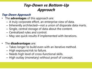 Top-Down vs Bottom-Up
Approach
Top-Down Approach
• The advantages of this approach are:
– A truly corporate effort, an enterprise view of data.
– Inherently architected—not a union of disparate data marts.
– Single, central storage of data about the content.
– Centralized rules and control.
– May see quick results if implemented with iterations.
• The disadvantages are:
– Takes longer to build even with an iterative method.
– High exposure/risk to failure.
– Needs high level of cross-functional skills.
– High outlay (monetary) without proof of concept.
 