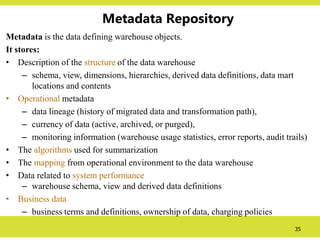 35
Metadata Repository
Metadata is the data defining warehouse objects.
It stores:
• Description of the structure of the data warehouse
– schema, view, dimensions, hierarchies, derived data definitions, data mart
locations and contents
• Operational metadata
– data lineage (history of migrated data and transformation path),
– currency of data (active, archived, or purged),
– monitoring information (warehouse usage statistics, error reports, audit trails)
• The algorithms used for summarization
• The mapping from operational environment to the data warehouse
• Data related to system performance
– warehouse schema, view and derived data definitions
• Business data
– business terms and definitions, ownership of data, charging policies
 