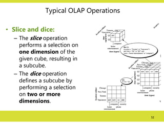 52
Typical OLAP Operations
• Slice and dice:
– The slice operation
performs a selection on
one dimension of the
given cube, resulting in
a subcube.
– The dice operation
defines a subcube by
performing a selection
on two or more
dimensions.
 