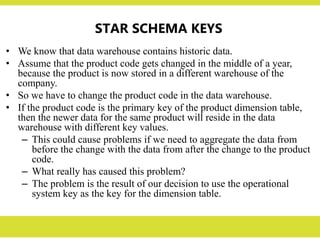 STAR SCHEMA KEYS
• We know that data warehouse contains historic data.
• Assume that the product code gets changed in the middle of a year,
because the product is now stored in a different warehouse of the
company.
• So we have to change the product code in the data warehouse.
• If the product code is the primary key of the product dimension table,
then the newer data for the same product will reside in the data
warehouse with different key values.
– This could cause problems if we need to aggregate the data from
before the change with the data from after the change to the product
code.
– What really has caused this problem?
– The problem is the result of our decision to use the operational
system key as the key for the dimension table.
 