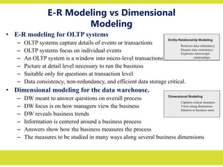 E-R Modeling vs Dimensional
Modeling
• E-R modeling for OLTP systems
– OLTP systems capture details of events or transactions
– OLTP systems focus on individual events
– An OLTP system is a window into micro-level transactions
– Picture at detail level necessary to run the business
– Suitable only for questions at transaction level
– Data consistency, non-redundancy, and efficient data storage critical.
• Dimensional modeling for the data warehouse.
– DW meant to answer questions on overall process
– DW focus is on how managers view the business
– DW reveals business trends
– Information is centered around a business process
– Answers show how the business measures the process
– The measures to be studied in many ways along several business dimensions
 