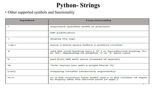 Python- Strings
• Other supported symbols and functionality
8
 