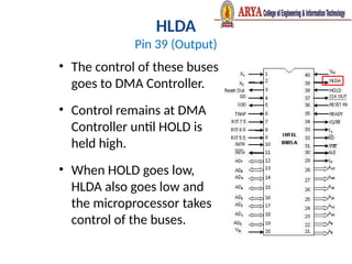 HLDA
Pin 39 (Output)
• The control of these buses
goes to DMA Controller.
• Control remains at DMA
Controller until HOLD is
held high.
• When HOLD goes low,
HLDA also goes low and
the microprocessor takes
control of the buses.
 