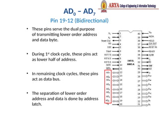 AD0 – AD7
Pin 19-12 (Bidirectional)
• These pins serve the dual purpose
of transmitting lower order address
and data byte.
• During 1st
clock cycle, these pins act
as lower half of address.
• In remaining clock cycles, these pins
act as data bus.
• The separation of lower order
address and data is done by address
latch.
 