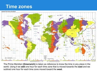 Time zones
The Prime Meridian (Greenwich) is taken as reference to know the time in any place in the
world. Using it we add one hour for each time zone that is moved towards the east and we
subtract one hour for each time zone moved toward the west.
 