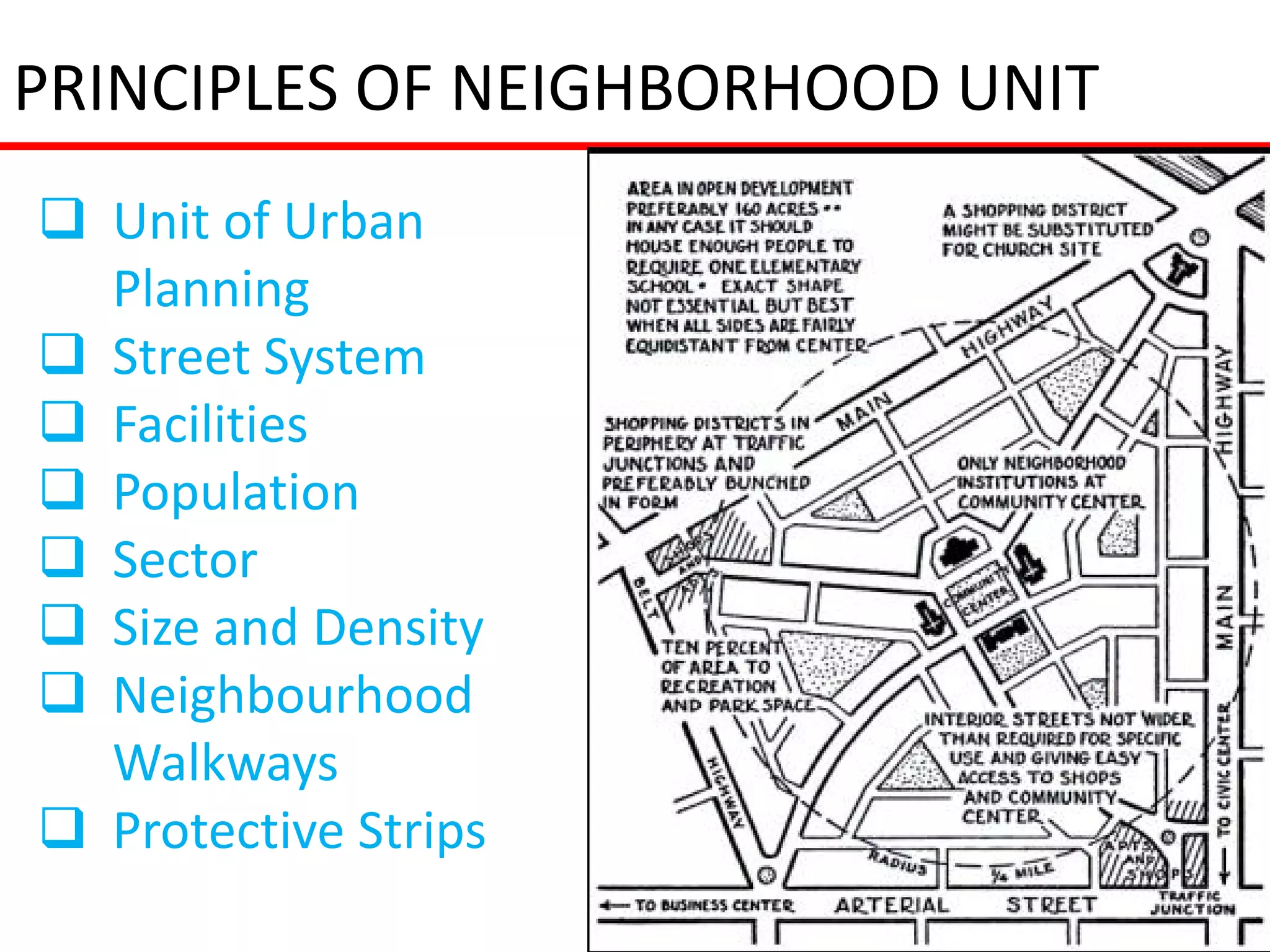 PRINCIPLES OF NEIGHBORHOOD UNIT
 Unit of Urban
  Planning
 Street System
 Facilities
 Population
 Sector
 Size and Density
 Neighbourhood
  Walkways
 Protective Strips
 