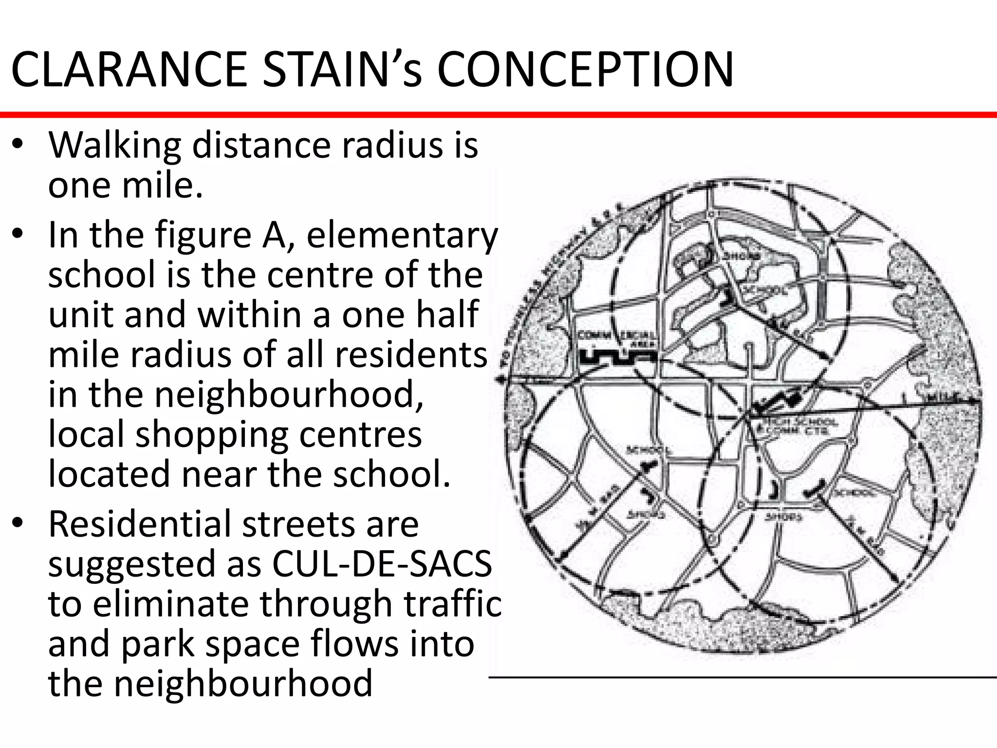 CLARANCE STAIN’s CONCEPTION
• Walking distance radius is
  one mile.
• In the figure A, elementary
  school is the centre of the
  unit and within a one half
  mile radius of all residents
  in the neighbourhood,
  local shopping centres
  located near the school.
• Residential streets are
  suggested as CUL-DE-SACS
  to eliminate through traffic
  and park space flows into
  the neighbourhood
 