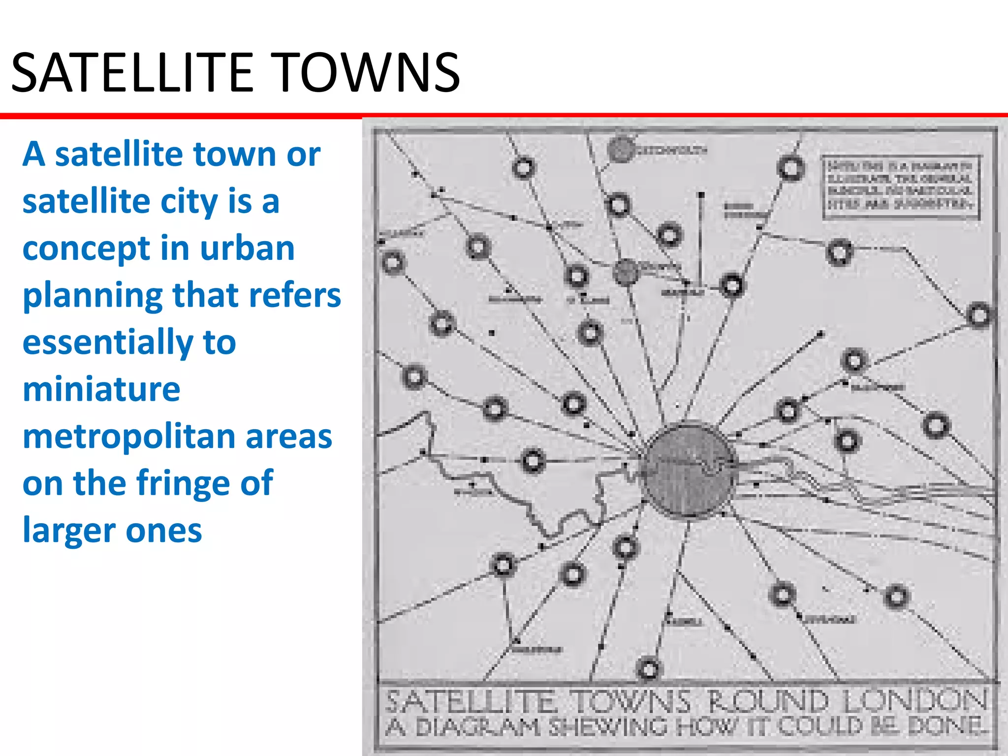 SATELLITE TOWNS
A satellite town or
satellite city is a
concept in urban
planning that refers
essentially to
miniature
metropolitan areas
on the fringe of
larger ones
 
